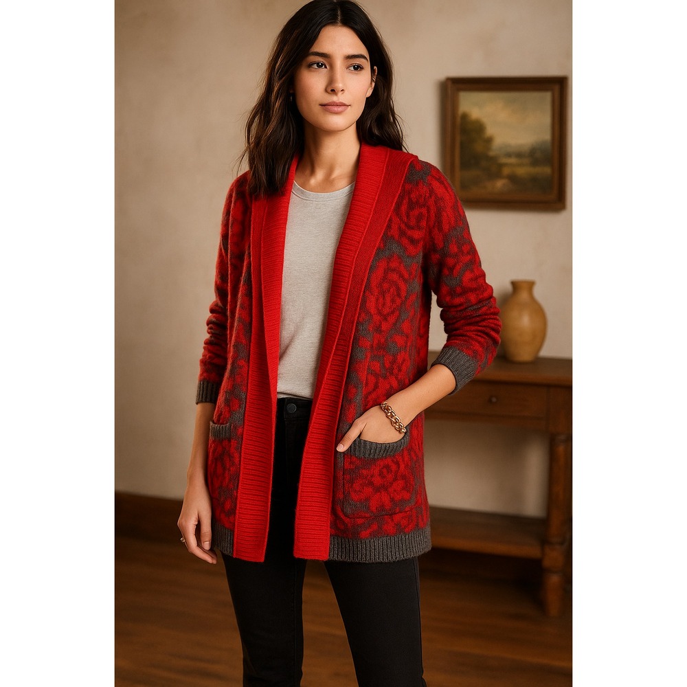 Anthropologie Sparrow‎ Maraschino Red Floral Hooded Sweater Size M
